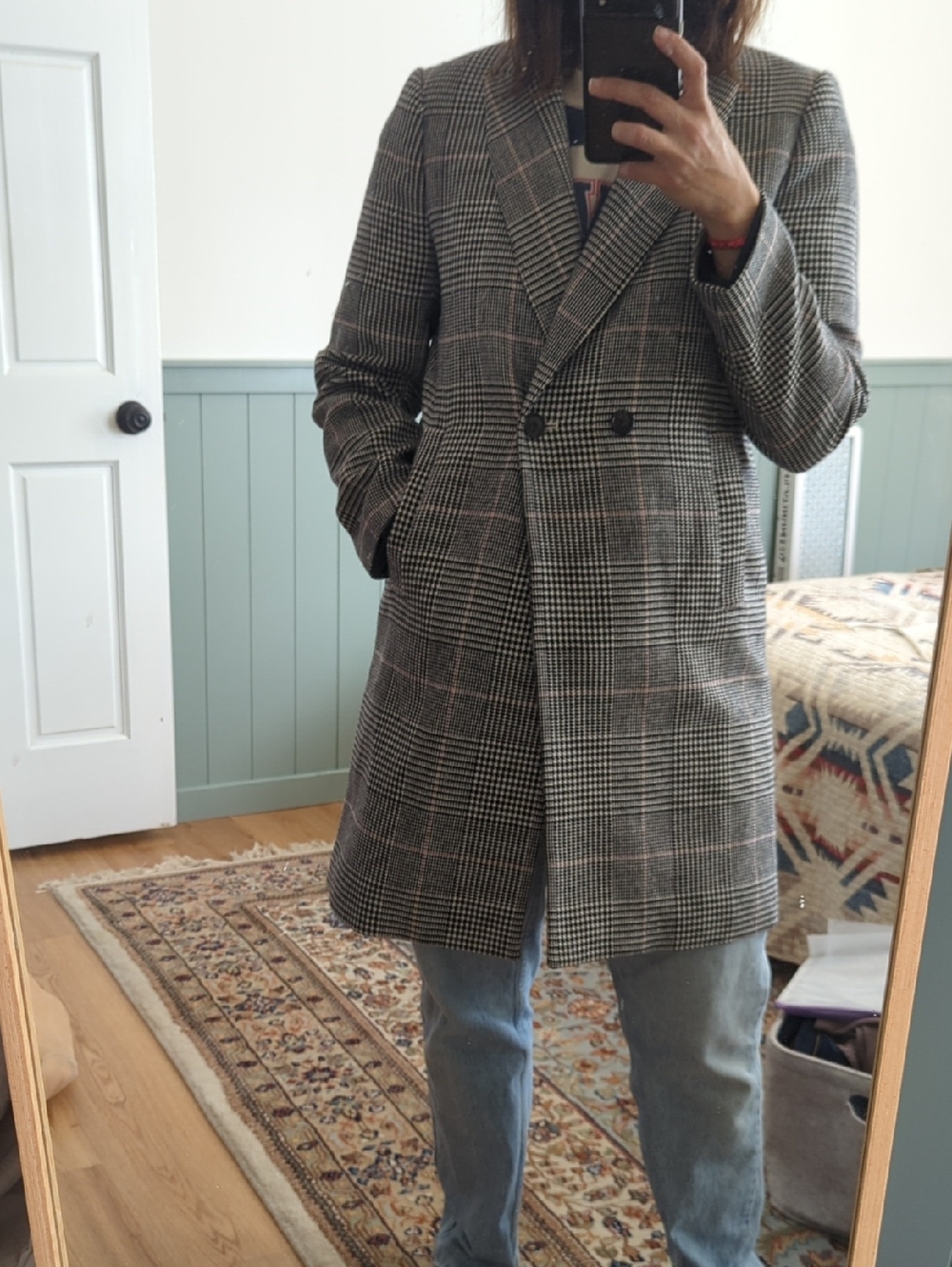 J. Crew Black and White Glen Plaid Double-Breasted Pea Coat